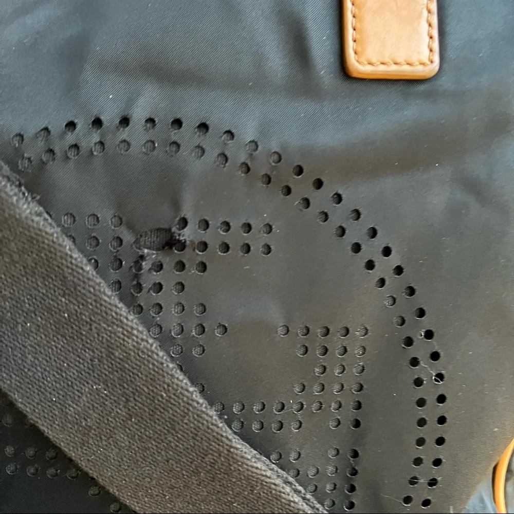 Tory Burch Perforated Logo Black Nylon Drawstring Top handle Large Crossbody